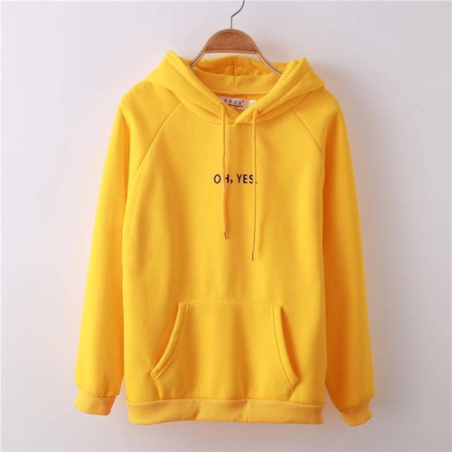 Oh Yes Letter Harajuku Casual Coat Two Layers Hat Winter Fleece Pink Pullover Thick Loose Women Hoodies Sweatshirt Female