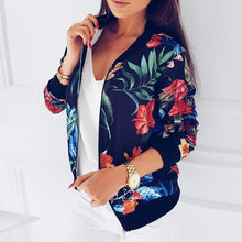 Load image into Gallery viewer, New Ladies Ribbed Trim Flower Print Bomber Jacket Women Autumn Printing Long Sleeve Casual Tops Zipper Jacket Outwear Loose Tops