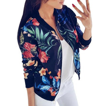 Load image into Gallery viewer, New Ladies Ribbed Trim Flower Print Bomber Jacket Women Autumn Printing Long Sleeve Casual Tops Zipper Jacket Outwear Loose Tops