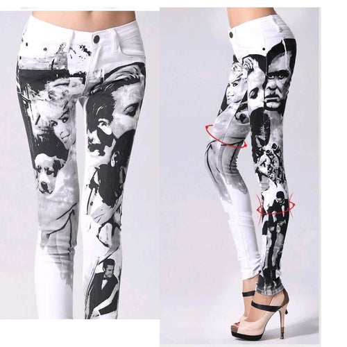 Female Printing jeans woman Elastic Pencil pants Girl Zipper