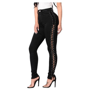 Fashion Hollow Out Cross Strap Bandage Women Jeans