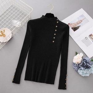 New Fashion Button Turtleneck Sweater Women Spring Autumn Solid Knitted Pullover Women Slim Soft Jumper Sweater Female Knit Tops