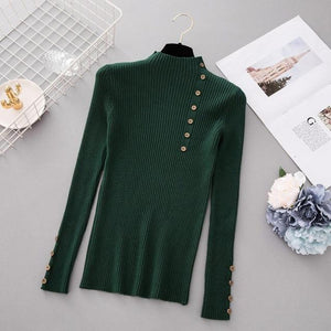 New Fashion Button Turtleneck Sweater Women Spring Autumn Solid Knitted Pullover Women Slim Soft Jumper Sweater Female Knit Tops