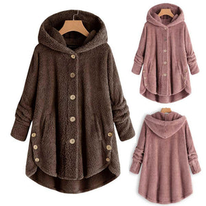 Hot Winter New Fashion Women Button Coat Fluffy Tail Tops Hooded Pullover Loose Oversize Coats Warm outwear plus size S-5XL