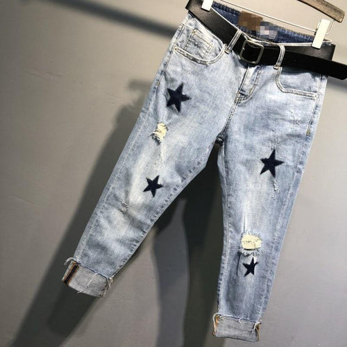 Cross Pant Loose Thin Patchwork Star Hole Beggar Womens Jeans