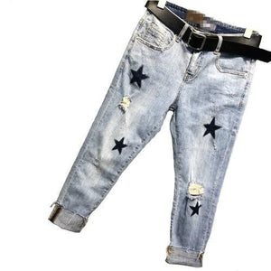 Cross Pant Loose Thin Patchwork Star Hole Beggar Womens Jeans