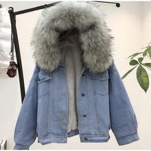 Load image into Gallery viewer, women jean jacket Winter Thick Jean Jacket Faux Fur Collar Fleece Hooded Denim Coat Female Warm Denim Outwea