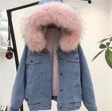 Load image into Gallery viewer, women jean jacket Winter Thick Jean Jacket Faux Fur Collar Fleece Hooded Denim Coat Female Warm Denim Outwea