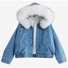 Load image into Gallery viewer, women jean jacket Winter Thick Jean Jacket Faux Fur Collar Fleece Hooded Denim Coat Female Warm Denim Outwea