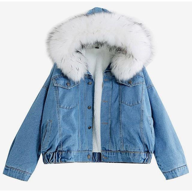 women jean jacket Winter Thick Jean Jacket Faux Fur Collar Fleece Hooded Denim Coat Female Warm Denim Outwea