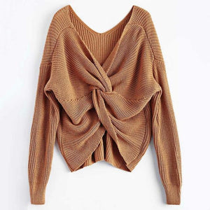 Wipalo 4 colors V Neck Twisted Back Sweater Women Jumpers Autumn Pullovers Casual Tops Long Sleeve Knitted Sweaters pull femme