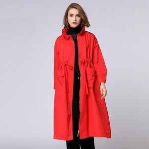 Autumn Women Long Trench Coat Waist Drawstring Turtleneck zipper Coat