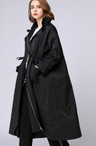 Autumn Women Long Trench Coat Waist Drawstring Turtleneck zipper Coat