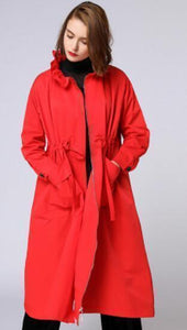 Autumn Women Long Trench Coat Waist Drawstring Turtleneck zipper Coat