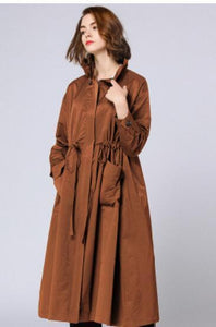 Autumn Women Long Trench Coat Waist Drawstring Turtleneck zipper Coat