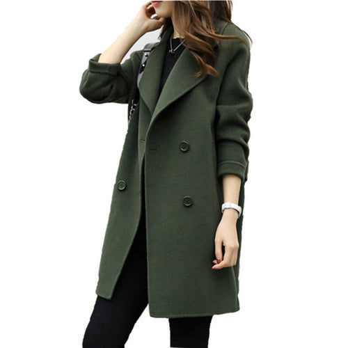 Female Double-breasted Overcoat Long Sleeve Turn-down Collar Slim Fit Women Army Green Woolen Coats Spring Windproof Warm Jacket