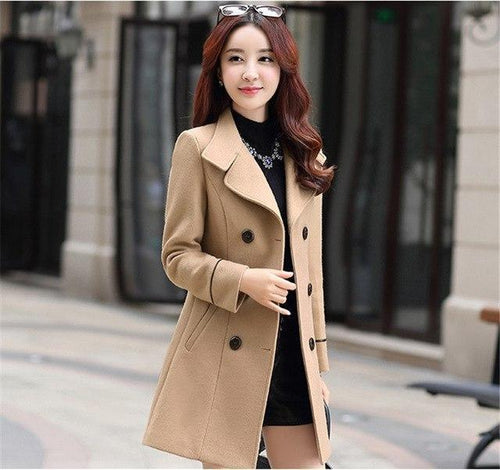 New Autumn Winter Women Woolen Coat Slim Windbreaker Coats Female Fashion Plus size Yellow Wool Blends Jackets Solid color H711